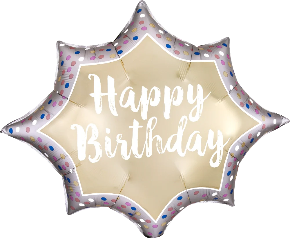 Gold starburst-shaped foil balloon with white "Happy Birthday" text and colorful confetti dots on silver edges.