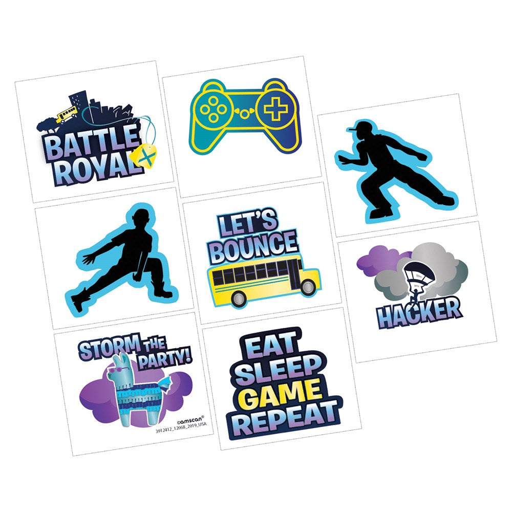 Set of eight colorful temporary tattoos featuring gamer icons, silhouettes, phrases, and party graphics.