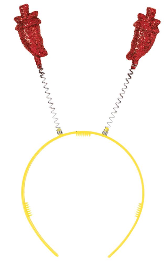 Yellow plastic headband with two red glittery chili pepper spring attachments.
