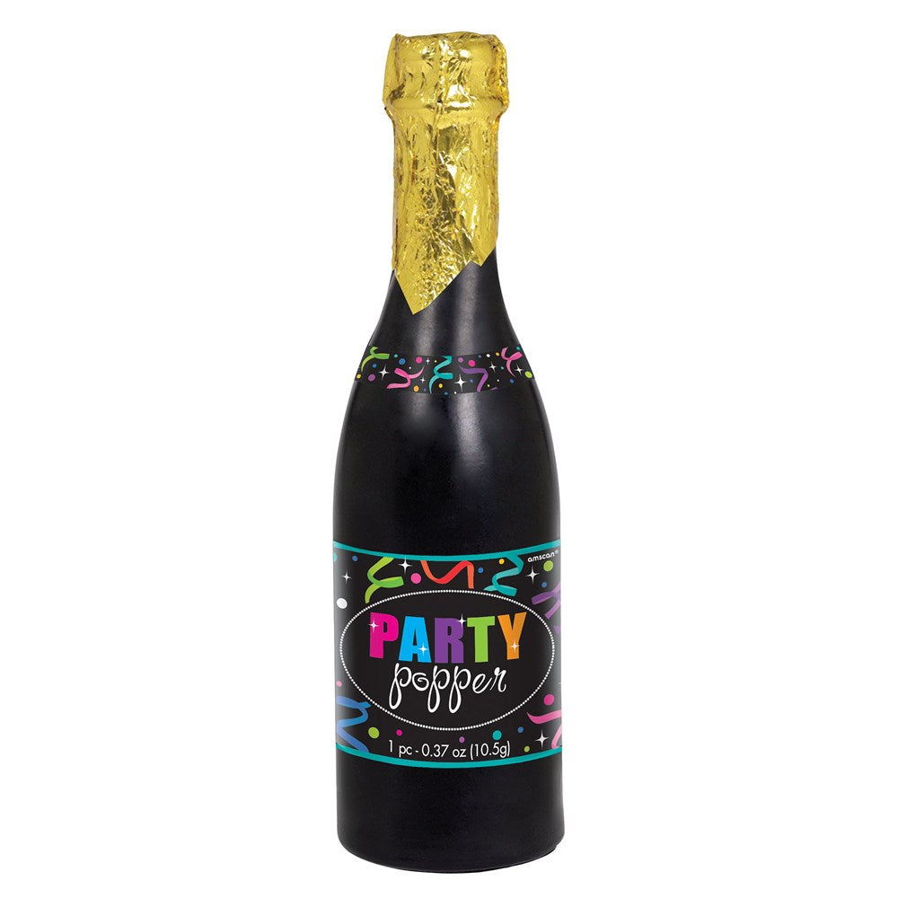 Black and gold champagne bottle party popper with colorful confetti design and "Party Popper" label.