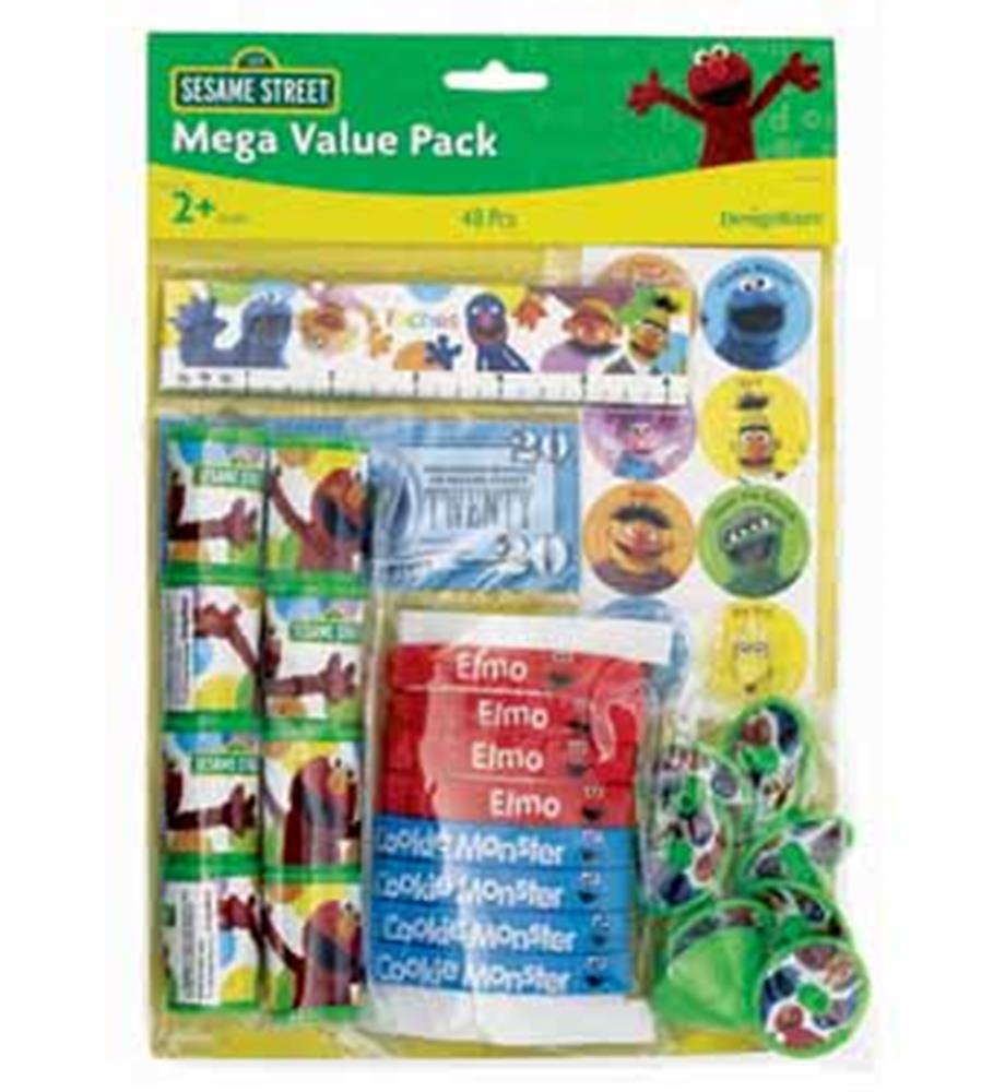 Sesame Street favor pack with character-themed toys and stickers in colorful packaging.