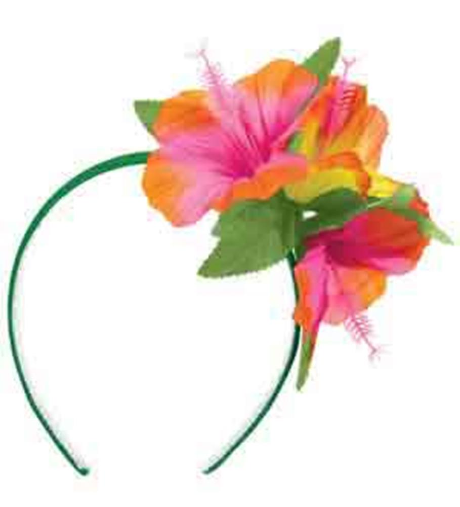 Green headband with vibrant orange and pink hibiscus flowers and green leaves attached.