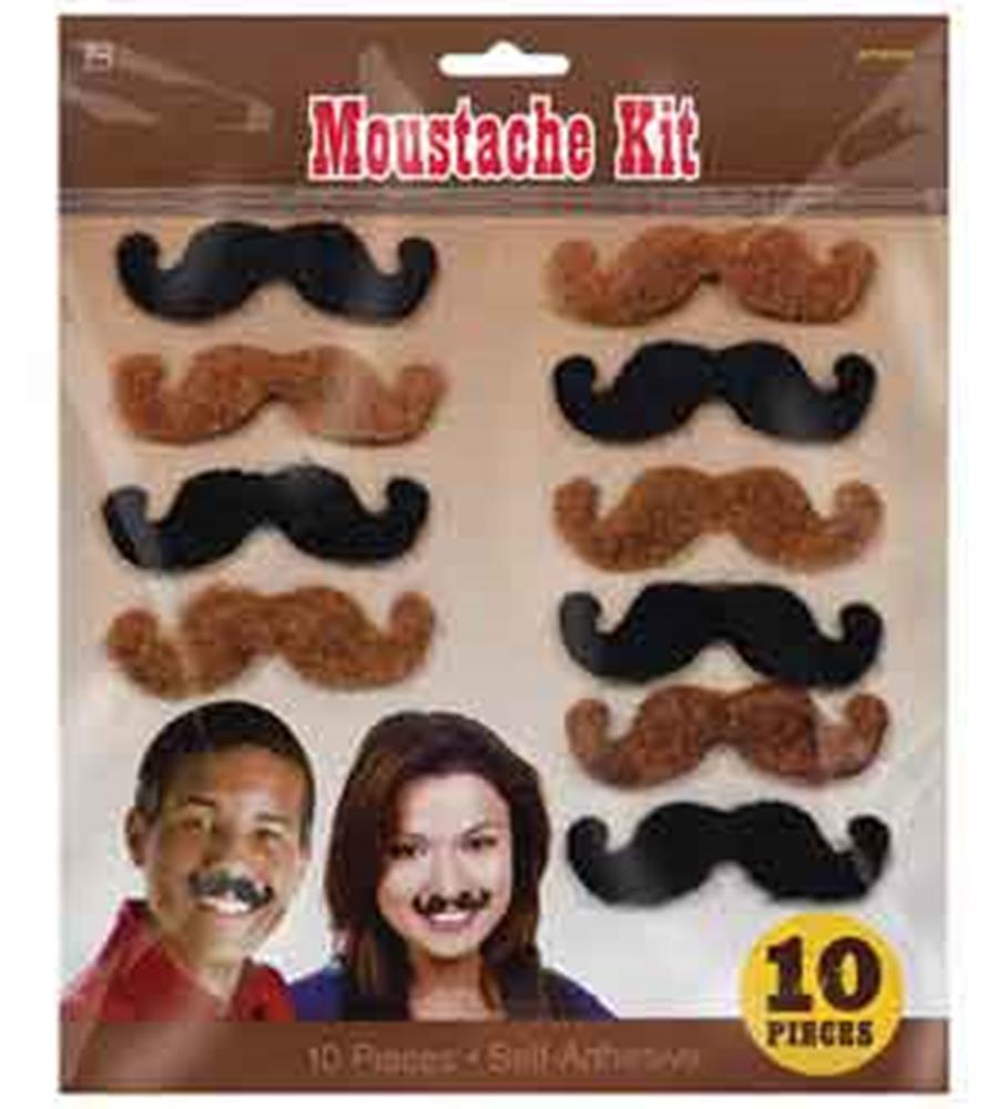 Set of 10 self-adhesive western-style mustache stickers in black and brown, various curled shapes.
