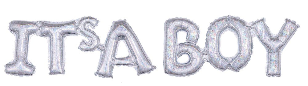 Silver holographic foil balloon letters spelling "IT'S A BOY" in block style.