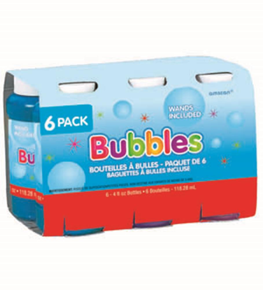 Six-pack of 4-ounce blue bubble solution bottles with colorful label and plastic handle.