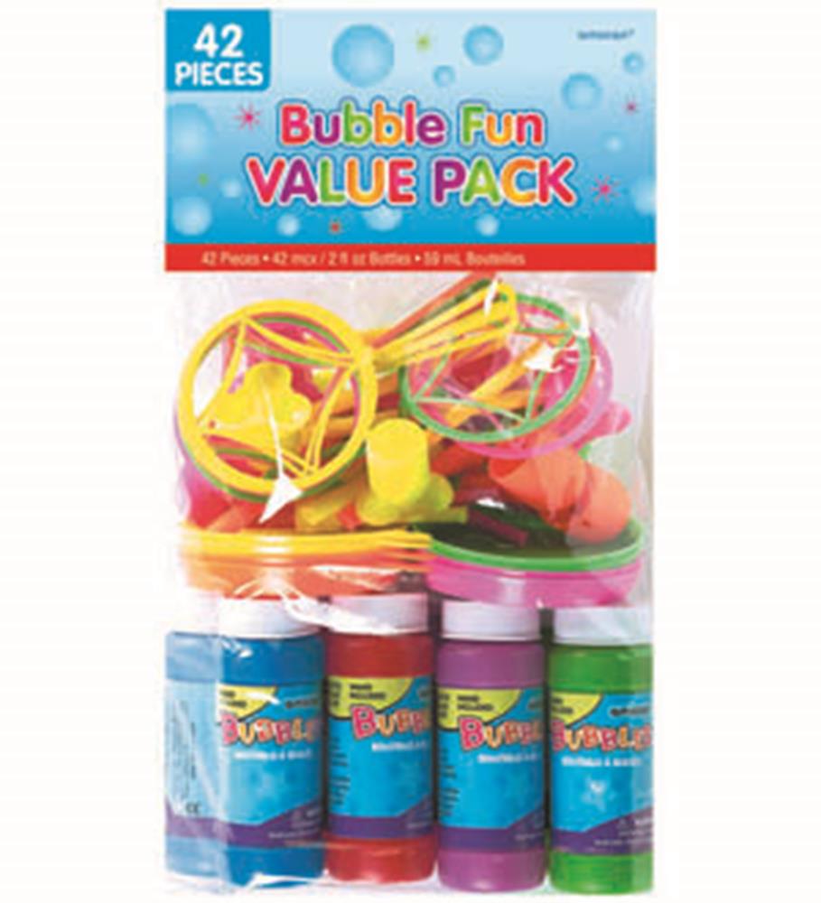 Assorted colorful bubble wands and 42 small bubble solution bottles in clear plastic pack with blue header card.