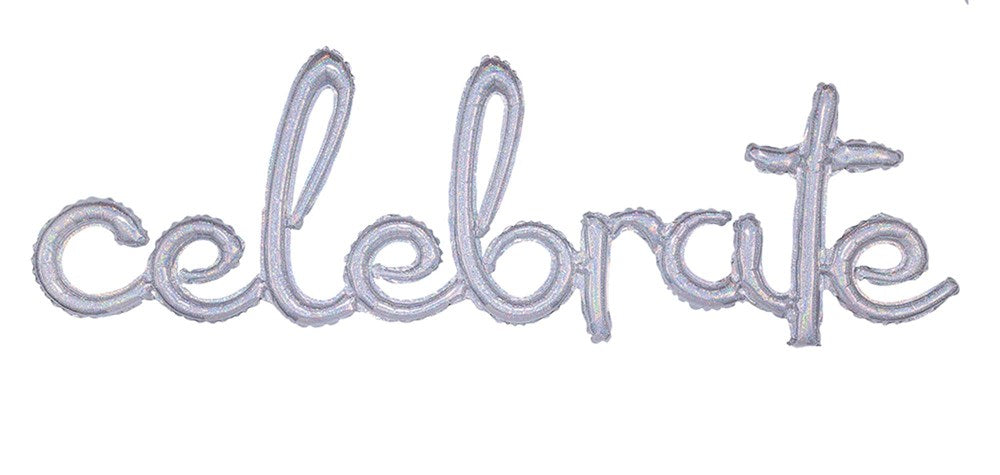 Silver holographic foil balloon spelling out the word celebrate in cursive script.