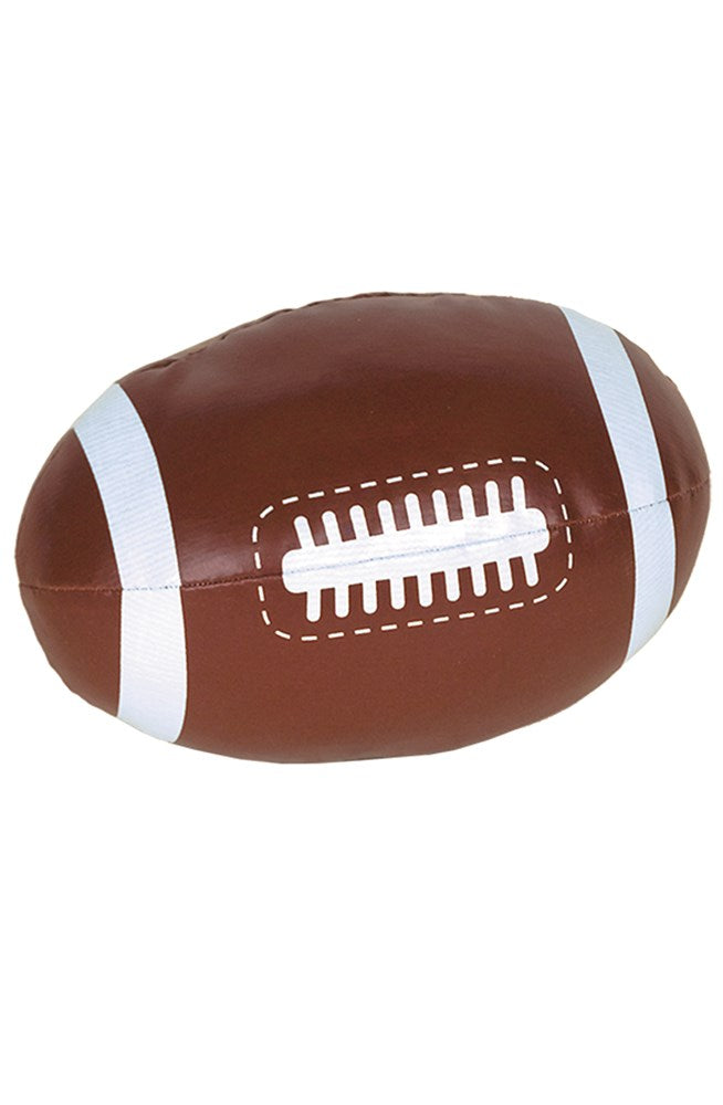 Brown soft football with white laces and stripes, designed for kids to play safely.