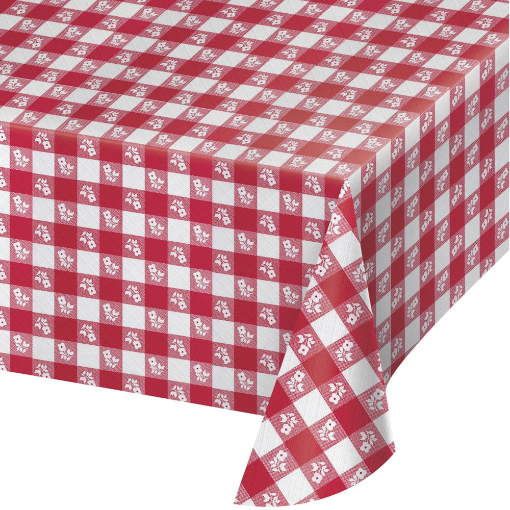 Red and white gingham checkered tablecloth with floral accents, polyester fabric, rectangular shape.