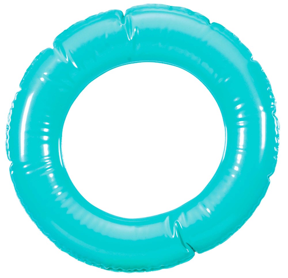 Bright turquoise inflatable ring with four evenly spaced slits around the circumference.