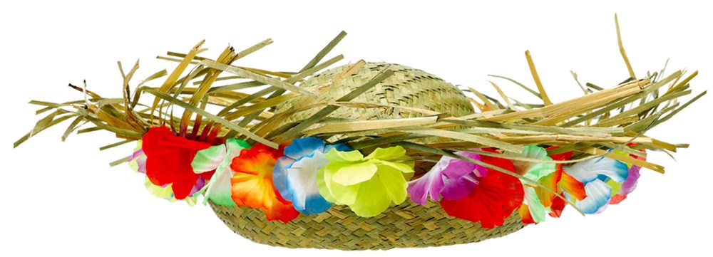Wide-brim straw hat with colorful artificial flower trim in red, yellow, blue, and purple colors.