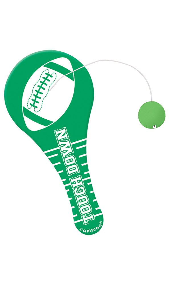 Set of green and white football-shaped paddle ball toys with “TOUCHDOWN” text and attached green ball on elastic string.
