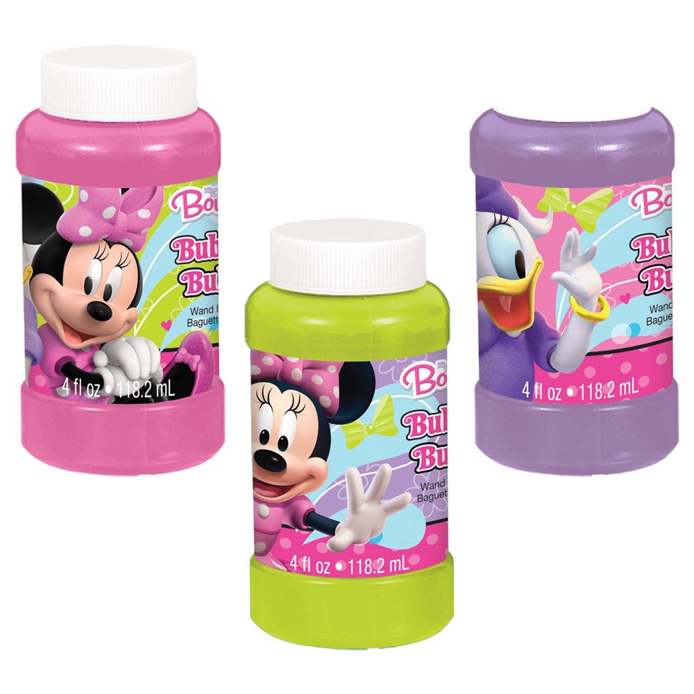 Set of three colorful 4oz bubble bottles featuring Minnie Mouse and Daisy Duck with pink, green, and purple plastic.