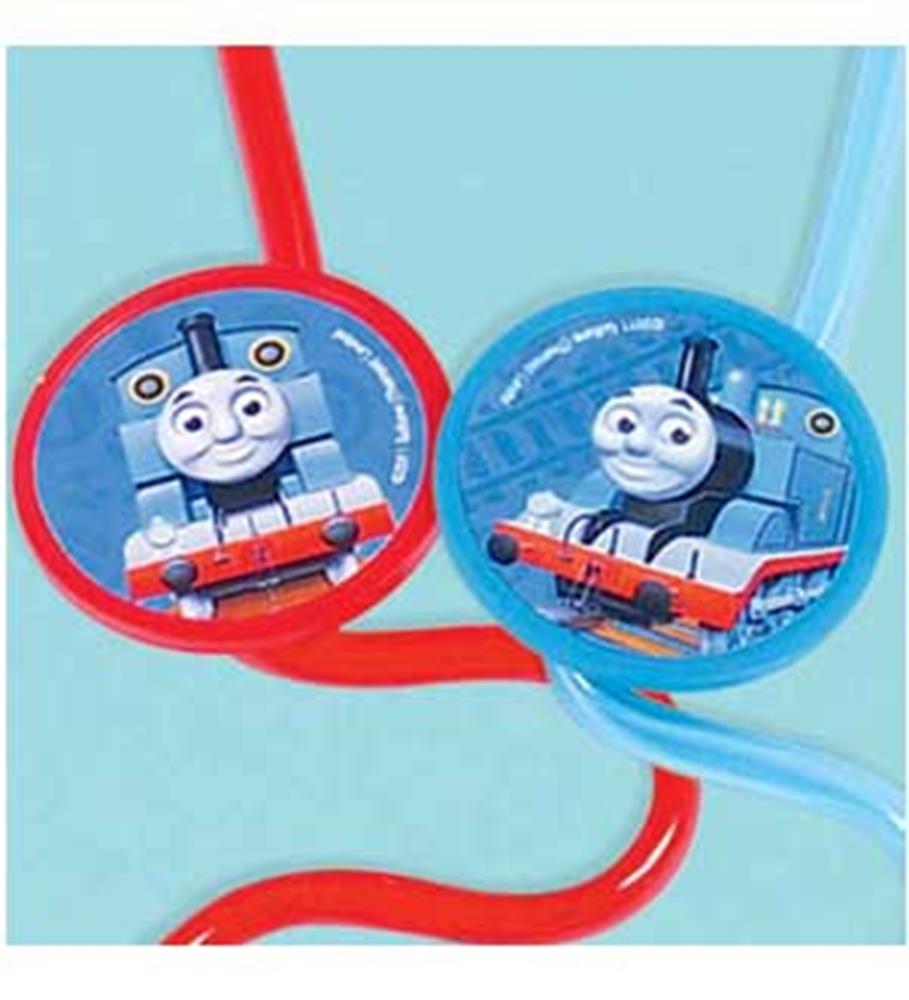 Two spiral straws in red and blue featuring Thomas the Tank Engine character faces on round attachments.