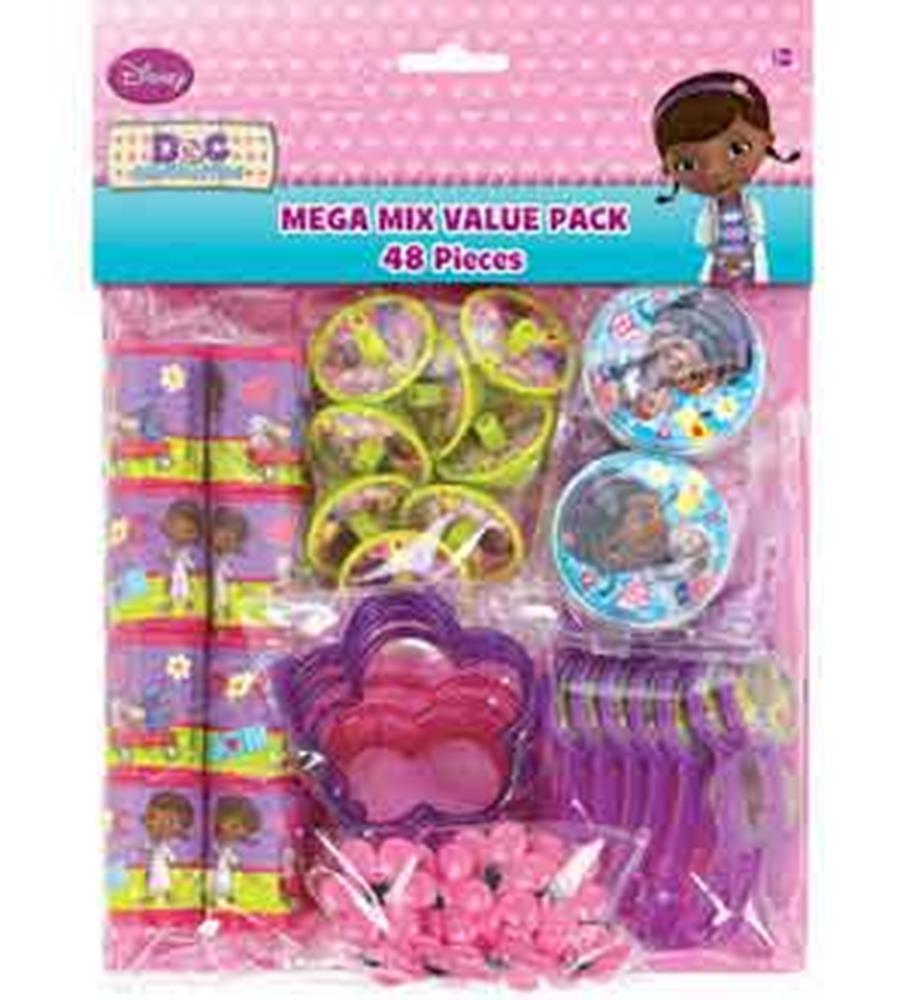 Doc McStuffins themed party favor pack with bracelets, rings, cupcake toppers, and whistles in purple and pink colors.
