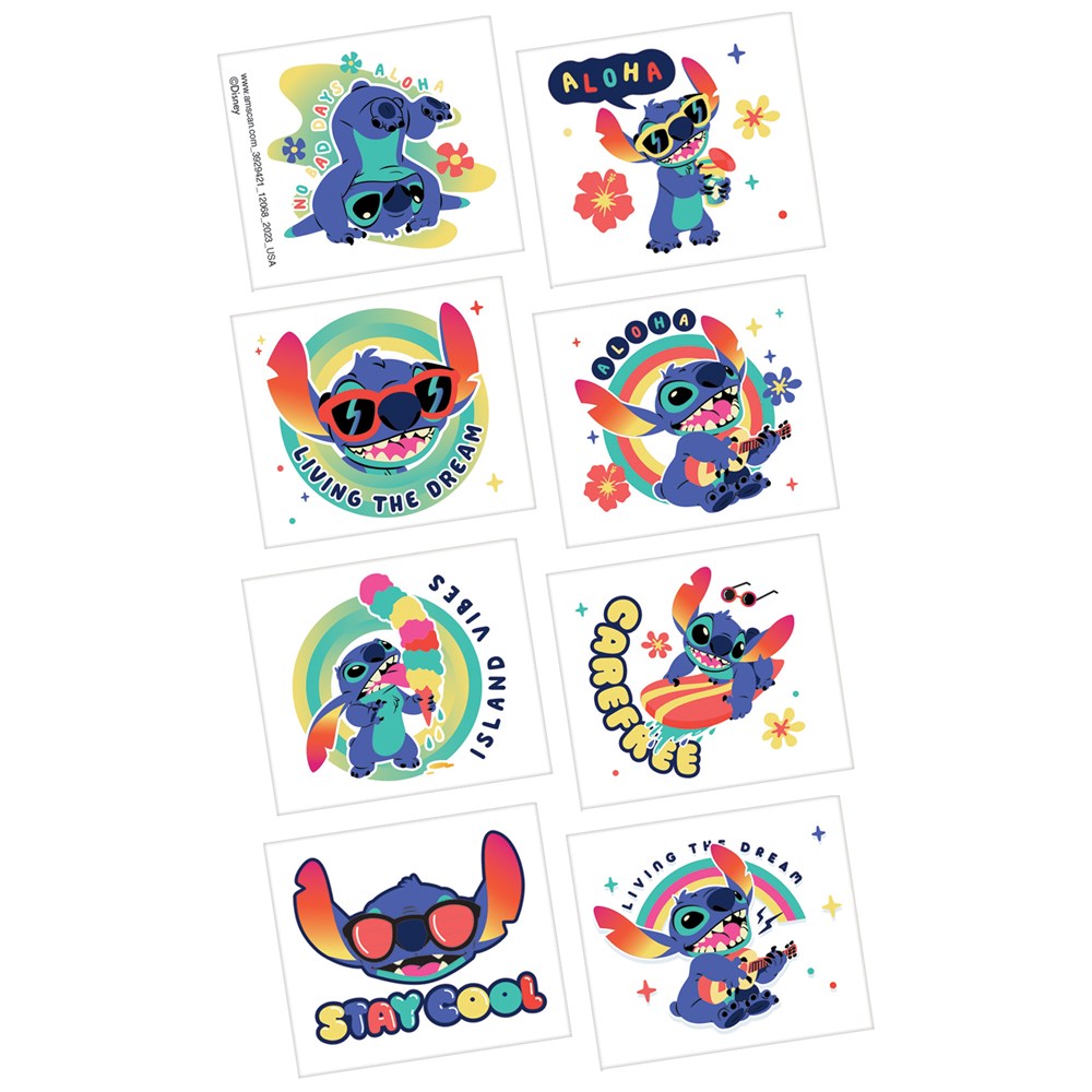 Eight colorful temporary tattoos featuring Stitch in various playful poses with tropical and Hawaiian-themed elements.