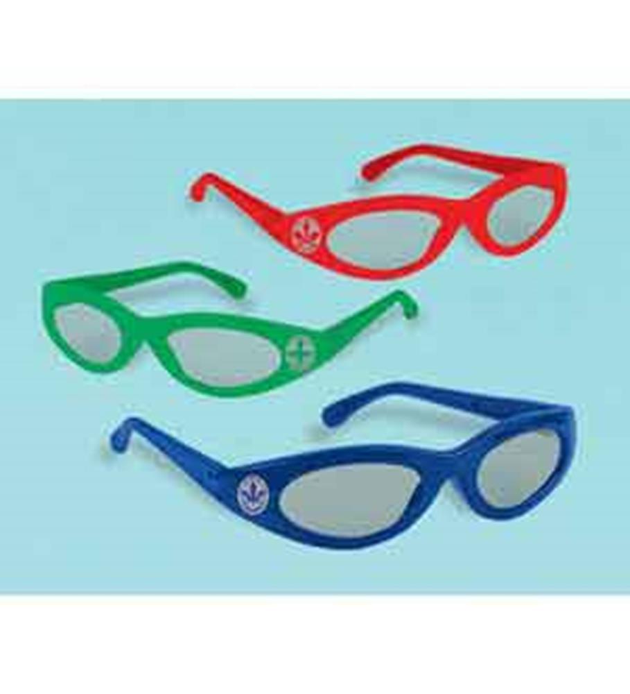 Set of three plastic Power Rangers glasses in red, green, and blue with white superhero logos on the temples.