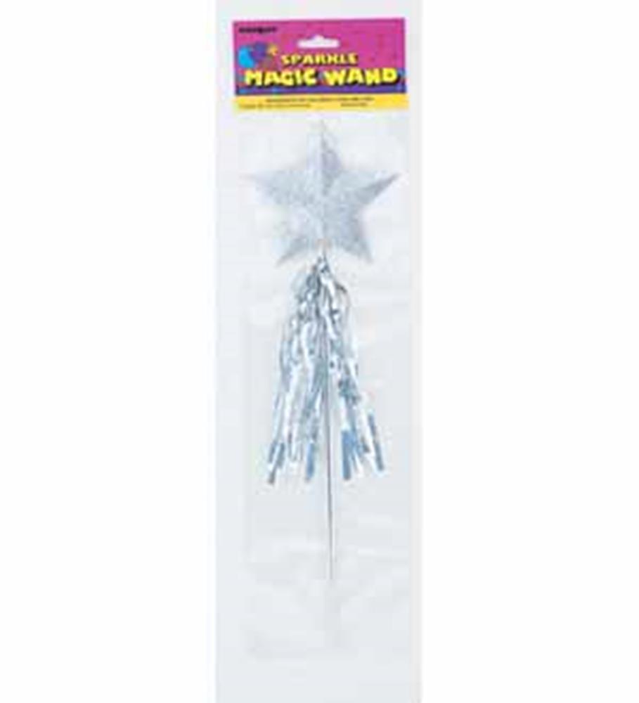 Silver sparkle star magic wand with dangling silver tinsel streamers and thin handle.