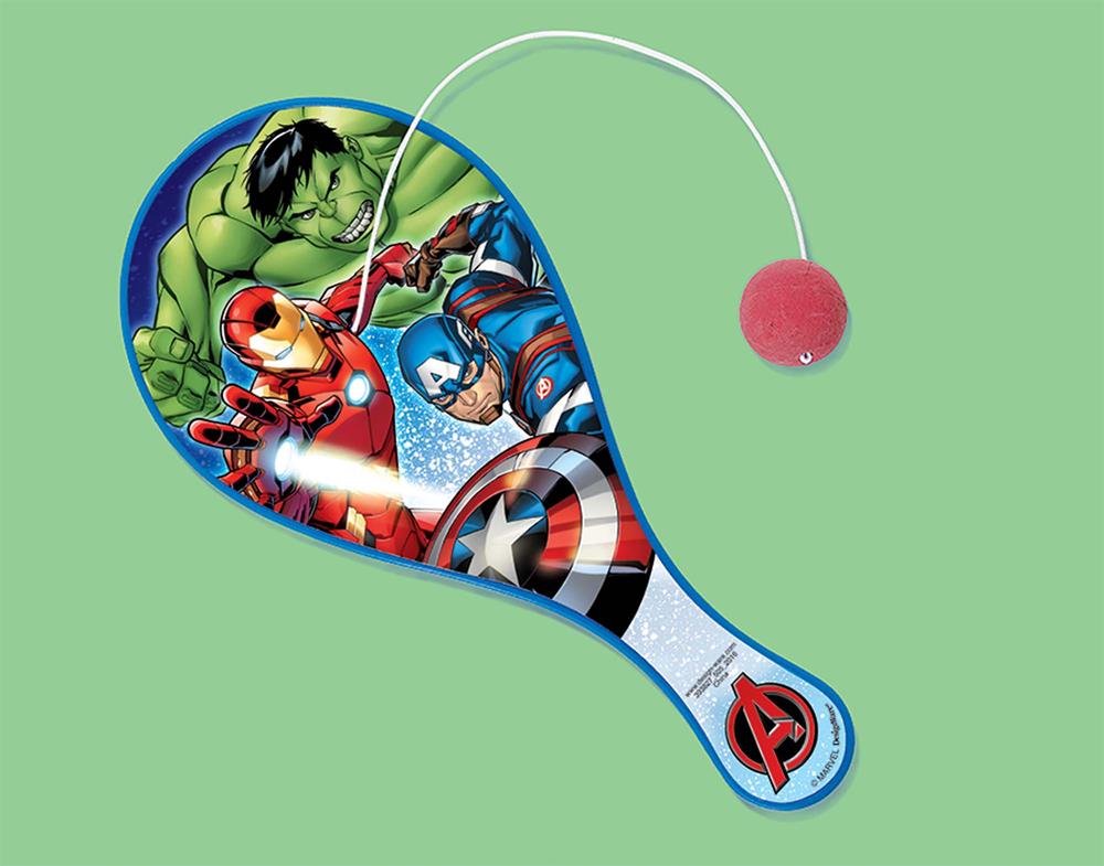 Marvel paddle ball featuring Hulk, Iron Man, Captain America, and a red ball attached by a string.