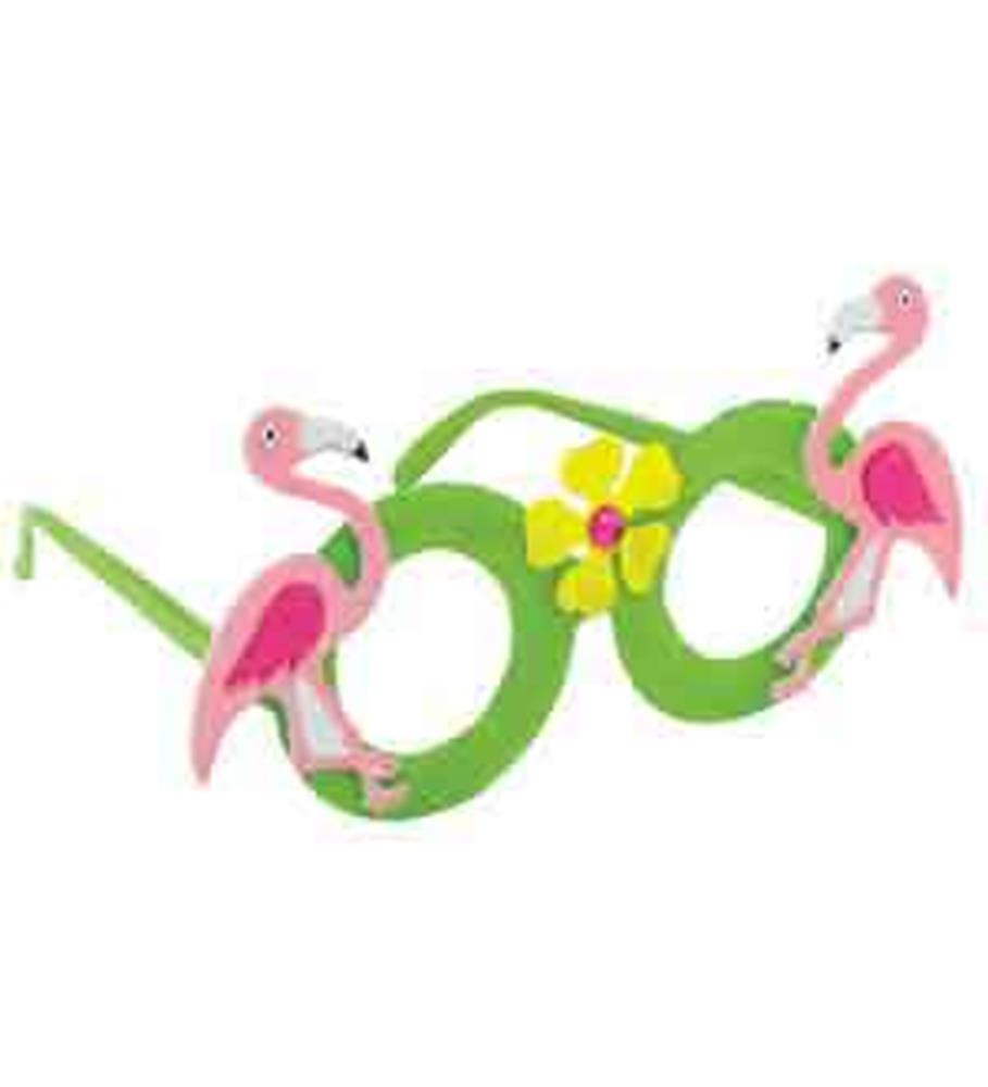 Green foam sunglasses with two pink flamingos on each side and a yellow flower detail between the lenses.