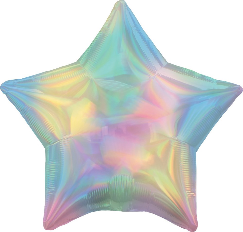20-inch star-shaped foil balloon with iridescent pastel rainbow colors and shiny surface.