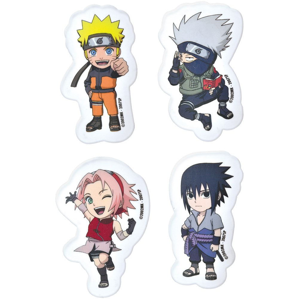 Set of four colorful Naruto anime character erasers featuring Naruto in orange, Kakashi in gray and black, Sakura in pink.