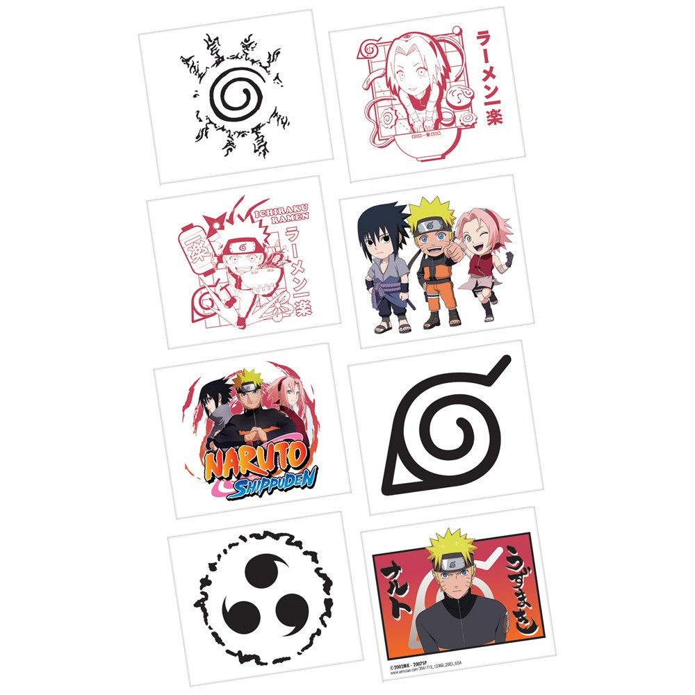 Set of eight Naruto-themed temporary tattoos featuring characters, symbols, and logos in black, red, and color prints on.