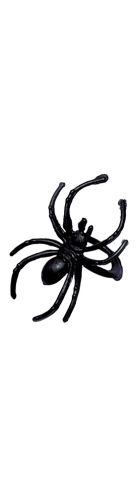 Black plastic ring shaped like a spider with detailed legs and body, Halloween-themed accessory.