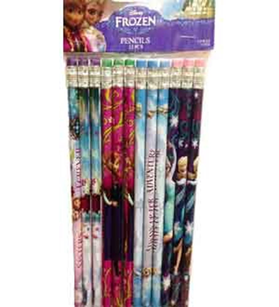 Set of 12 Disney Frozen pencils with colorful character designs and pink erasers.