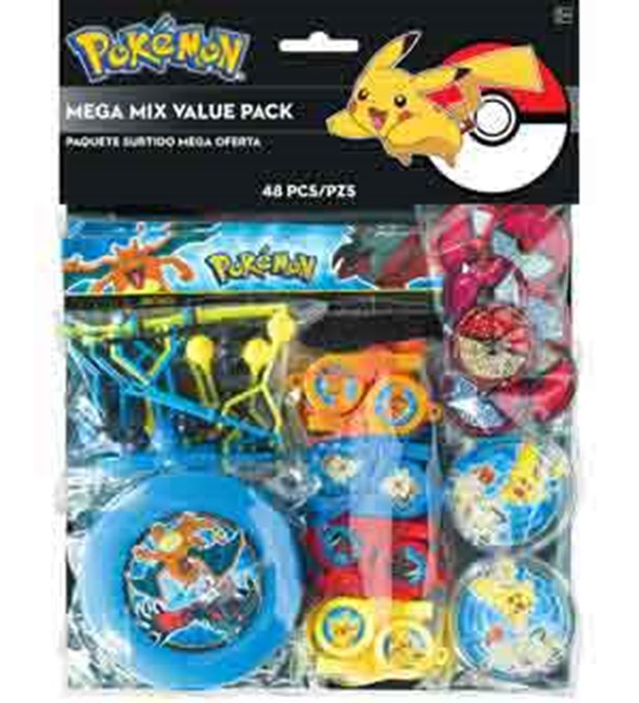 Pokémon Mega Mix value pack with Pikachu, Poké Ball, and assorted colorful toy accessories in clear packaging.