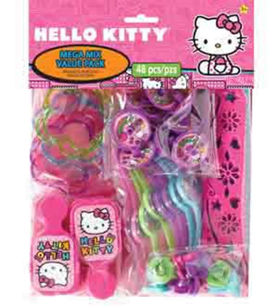 Hello Kitty Rainbow Mega Mix party supplies with colorful flatware, plates, and napkins in pink, purple, blue, and green.