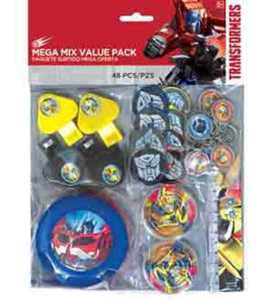 Transformers Mega Mix Pack with Bumblebee and Optimus Prime party favors including plates, noisemakers, and stickers.