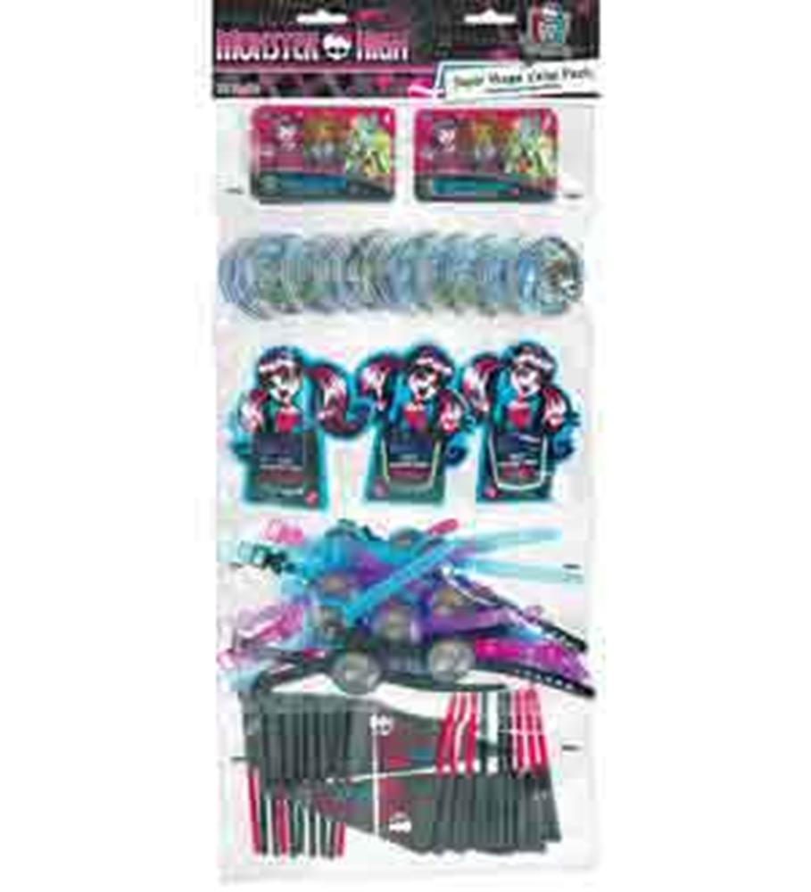 Monster High Mega Mix party favors with character cutouts, bracelets, rings, and pencils in colorful packaging.