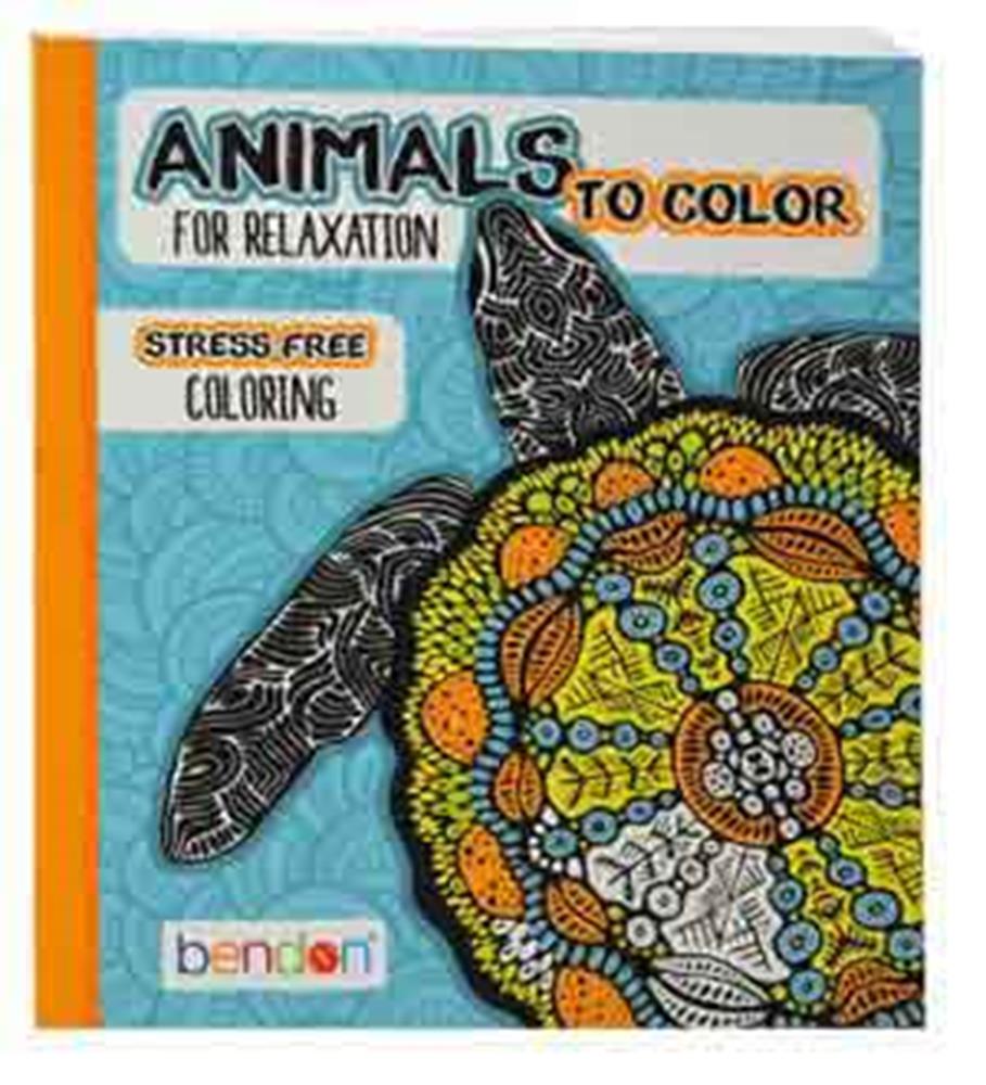 Square coloring book with a detailed turtle illustration in black, orange, yellow, and green on a blue background.