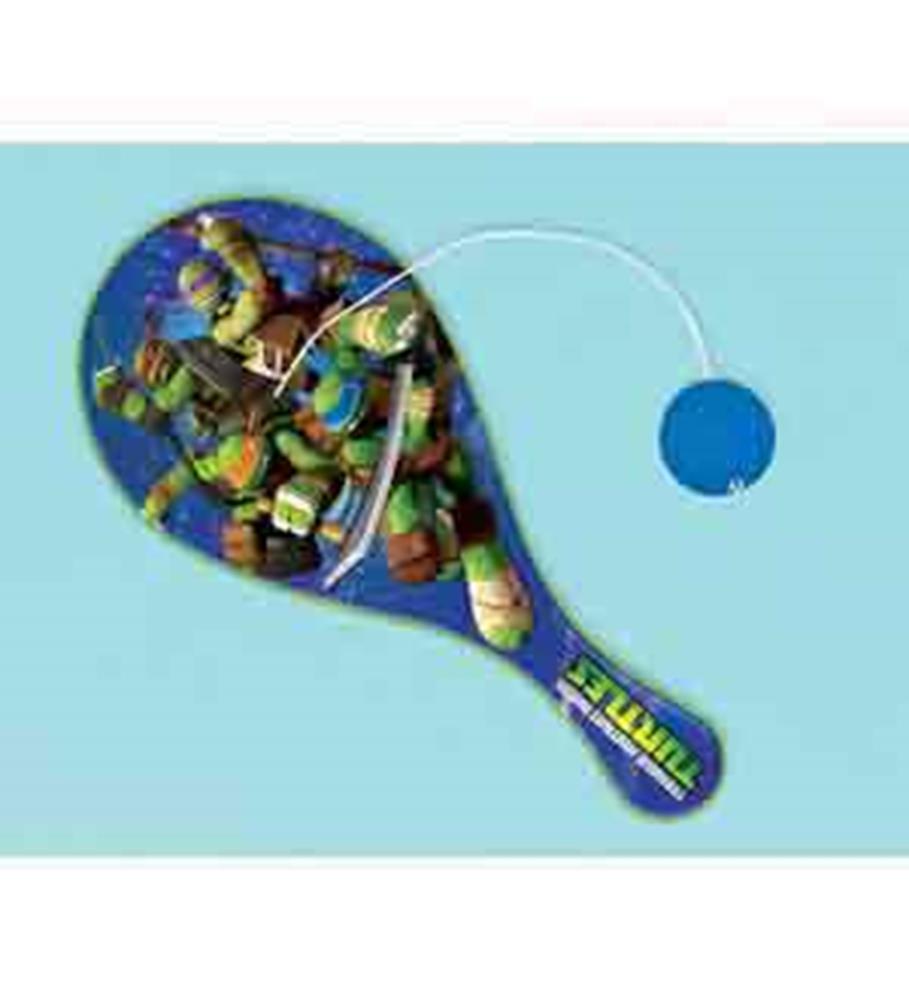 Round paddle ball toy with Teenage Mutant Ninja Turtles graphics, blue handle and attached blue ball.