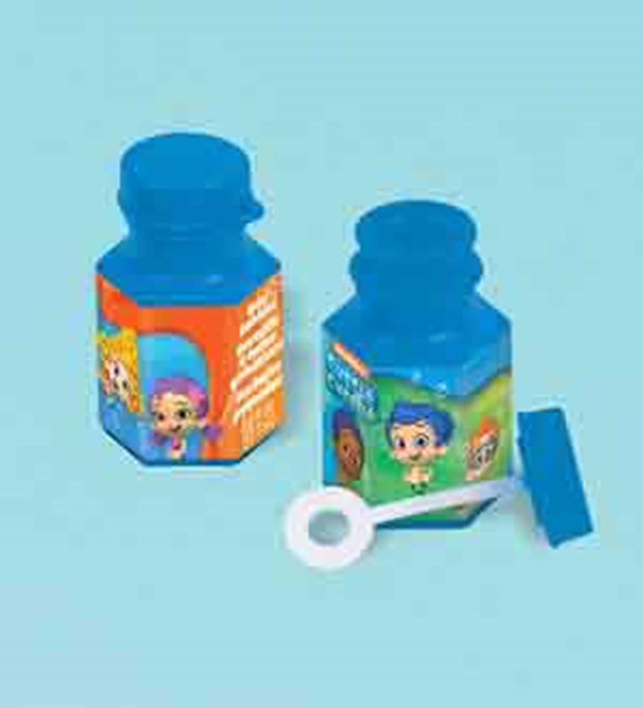 Two small blue Bubble Guppies mini bubble bottles with colorful character labels and one open bubble wand visible on a light .