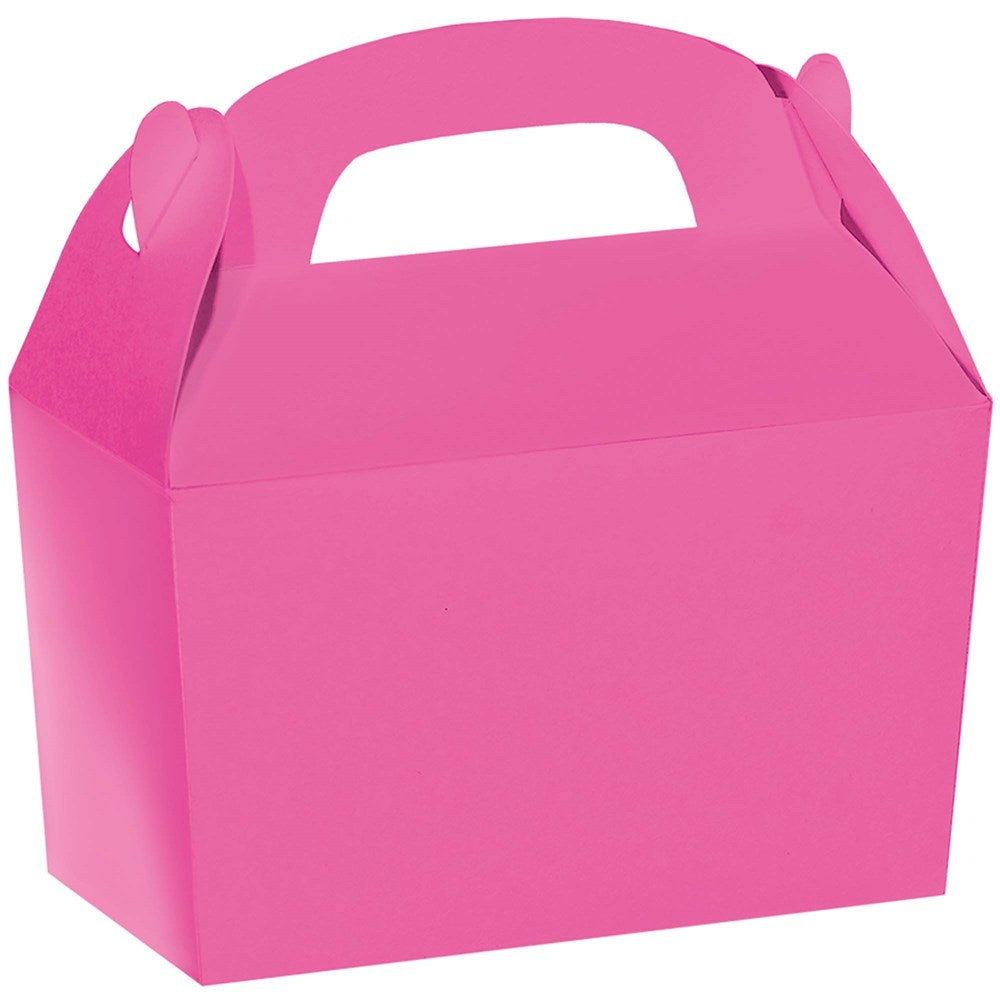 Bright pink gable box with built-in handle and tuck-in flap closure.