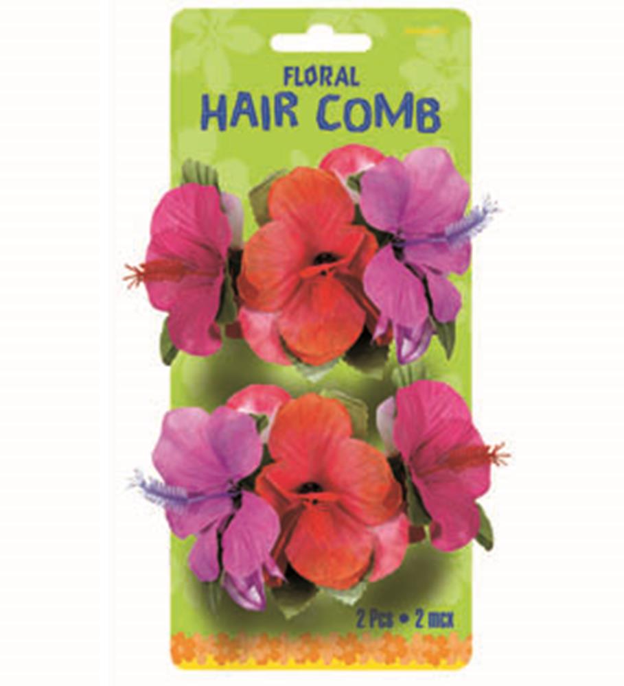 Set of two tropical floral hair combs with pink, red, and purple hibiscus flowers attached to black comb bases.