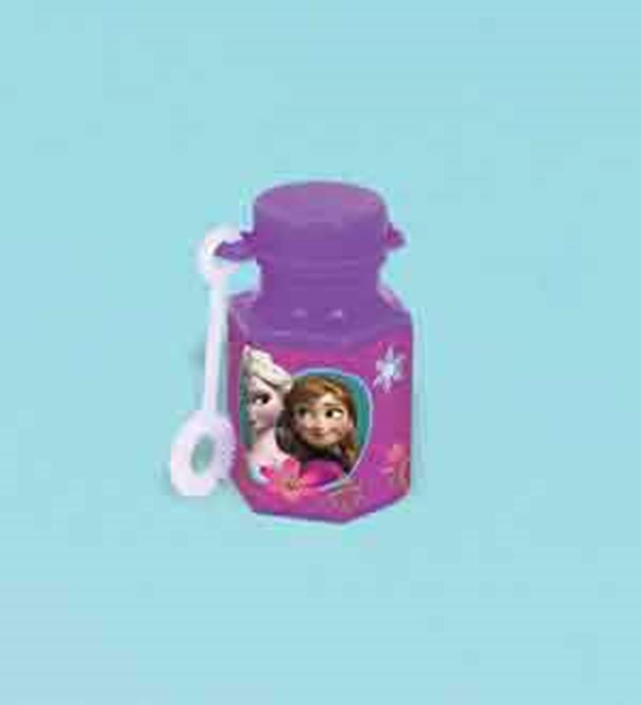 Purple bubble bottle with Disney Frozen characters Anna and Elsa on the label and attached white bubble wand.