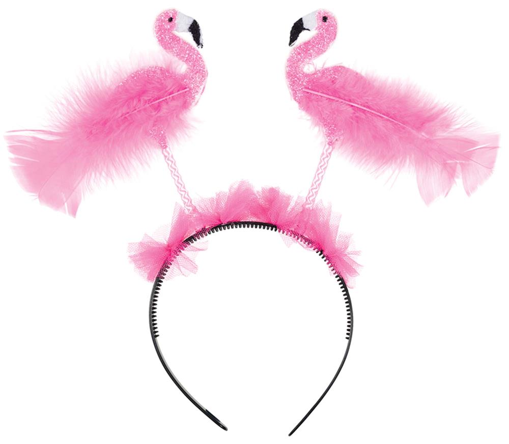 Black headband with two pink glitter flamingos attached on springy stems, accented with pink feathers and tulle.