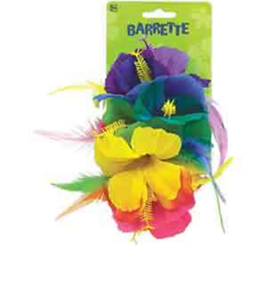 Colorful fabric flower barrette with layered petals in purple, blue, green, yellow, and pink with decorative feathers.