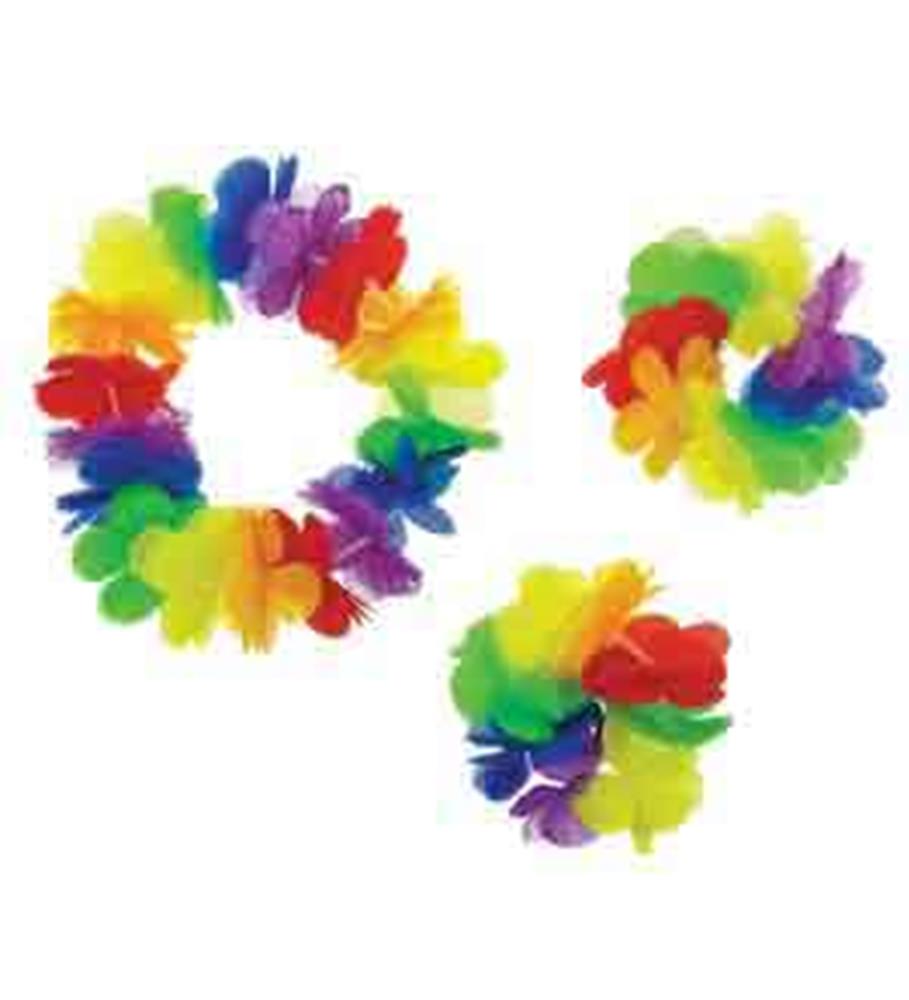 Set of three colorful rainbow leis made of soft, layered fabric petals for Hawaiian-themed parties.