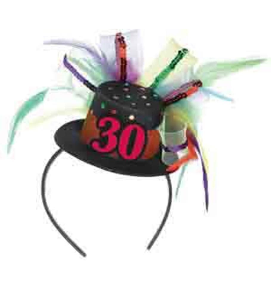 Black mini top hat headband with pink "30" and multicolored feathers for birthday celebration.