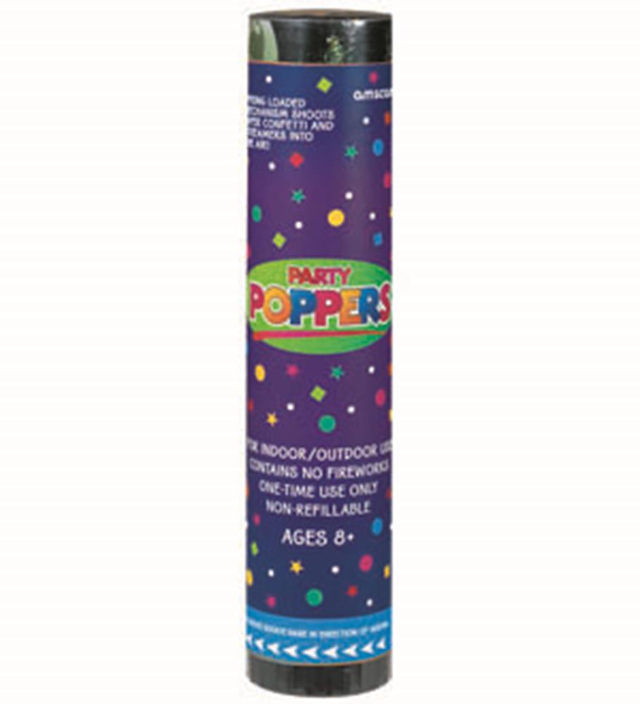 Purple cylindrical party popper with multicolored confetti dots and a colorful "Party Poppers" label.