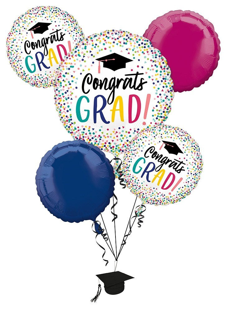 Graduation bouquet with five foil balloons including three round multicolor confetti "Congrats Grad!" balloons, one solid.