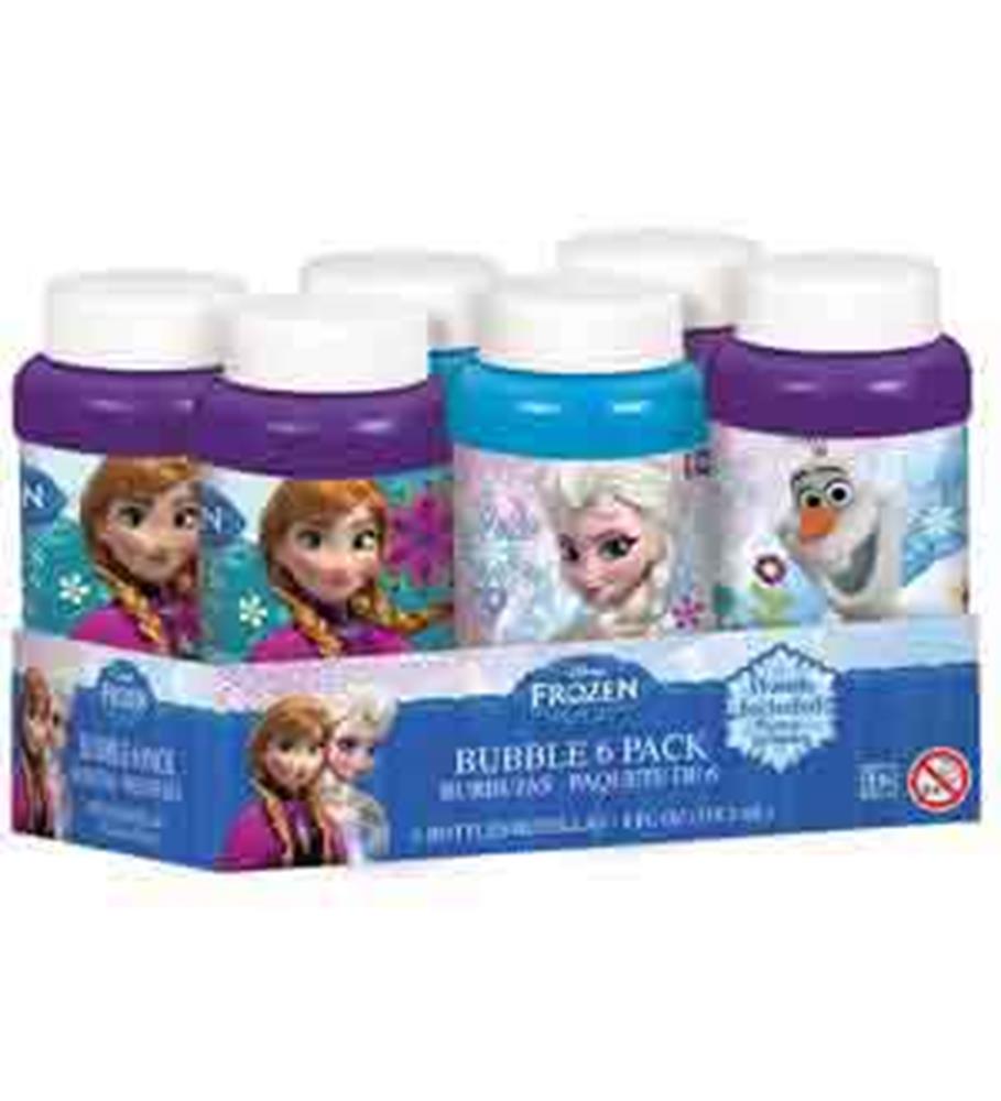 Set of six 4oz Disney Frozen bubble bottles featuring Anna, Elsa, and Olaf in purple and blue containers.