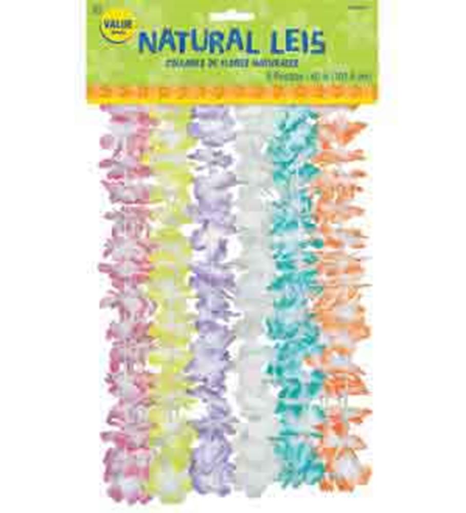 Six colorful floral leis in pink, yellow, lavender, white, teal, and orange hanging side by side.