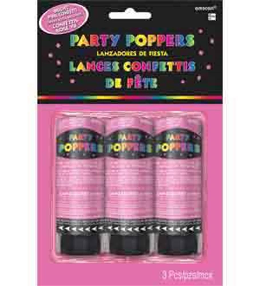 Three bright pink confetti party poppers with black bases and colorful “Party Poppers” labels in packaging.