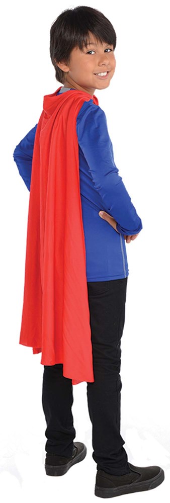 Bright red superhero cape made of smooth fabric, worn by a child, flowing loosely at the back.