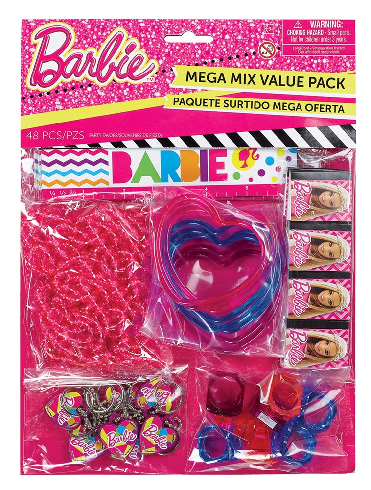 Barbie Sparkle Mega Mix 48-piece pack with pink beads, colorful rings, and assorted jewelry accessories in clear packaging.
